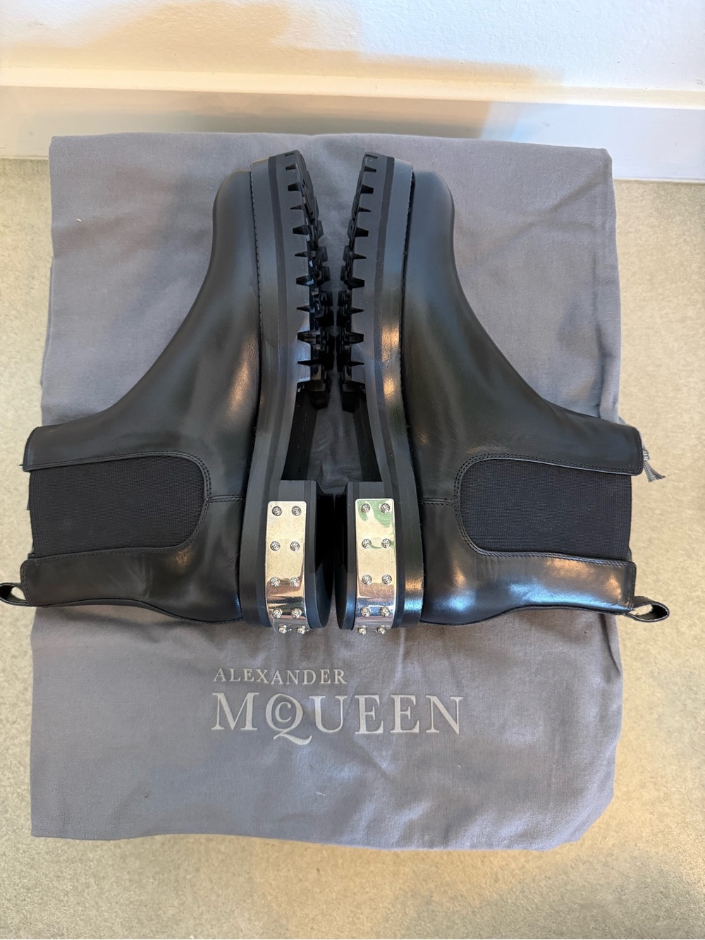 Alexander McQueen Black Leather Chelsea Ankle Boots with Silver Heel Plates